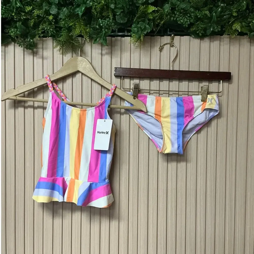 Hurley Girls 2-Piece Braided Ruffle Tankini Swimsuit Size M (7/8)